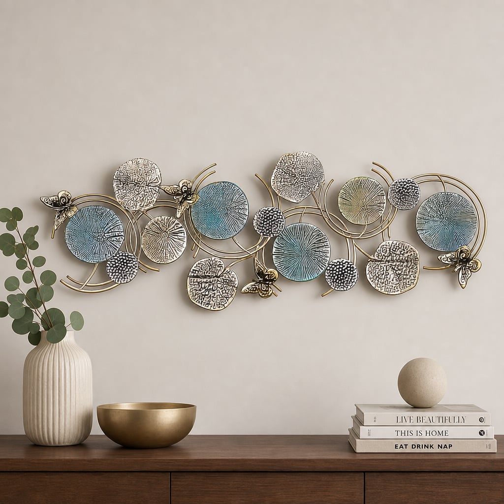 Decoratiune Metalica de Perete LuxCanva® Ocean Harmony A2136L, din Metal, Orizontala, Auriu, Turcoaz, Gri, Dimensiune Mare 157 x 57 cm