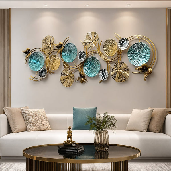 Metall Wanddekoration LuxCanva® Ocean Harmony A2136L, Metall, Horizontal, Gold, Türkis, Grau, Großformat 157 x 57 cm