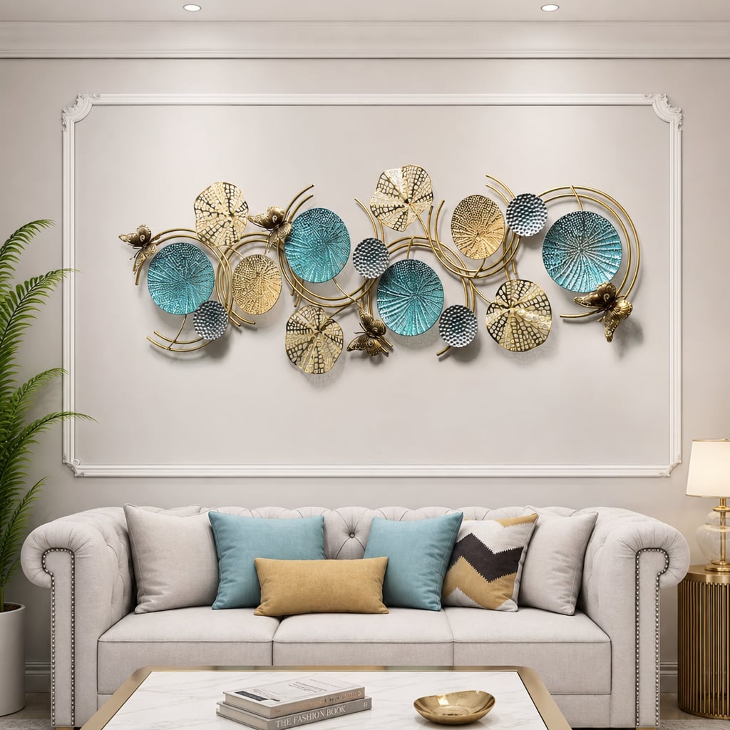 Decoratiune Metalica de Perete LuxCanva® Ocean Harmony A2136L, din Metal, Orizontala, Auriu, Turcoaz, Gri, Dimensiune Mare 157 x 57 cm
