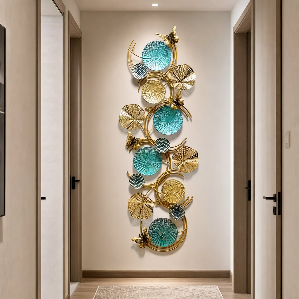 Decoratiune Metalica de Perete LuxCanva® Ocean Harmony A2136L, din Metal, Orizontala, Auriu, Turcoaz, Gri, Dimensiune Mare 157 x 57 cm