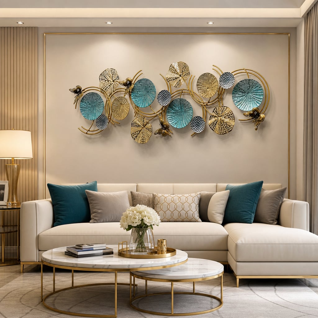 Decoratiune Metalica de Perete LuxCanva® Ocean Harmony A2136L, din Metal, Orizontala, Auriu, Turcoaz, Gri, Dimensiune Mare 157 x 57 cm