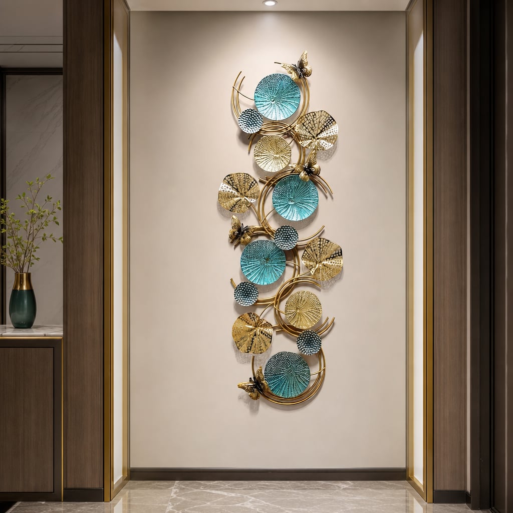 Decoratiune Metalica de Perete LuxCanva® Ocean Harmony A2136L, din Metal, Orizontala, Auriu, Turcoaz, Gri, Dimensiune Mare 157 x 57 cm