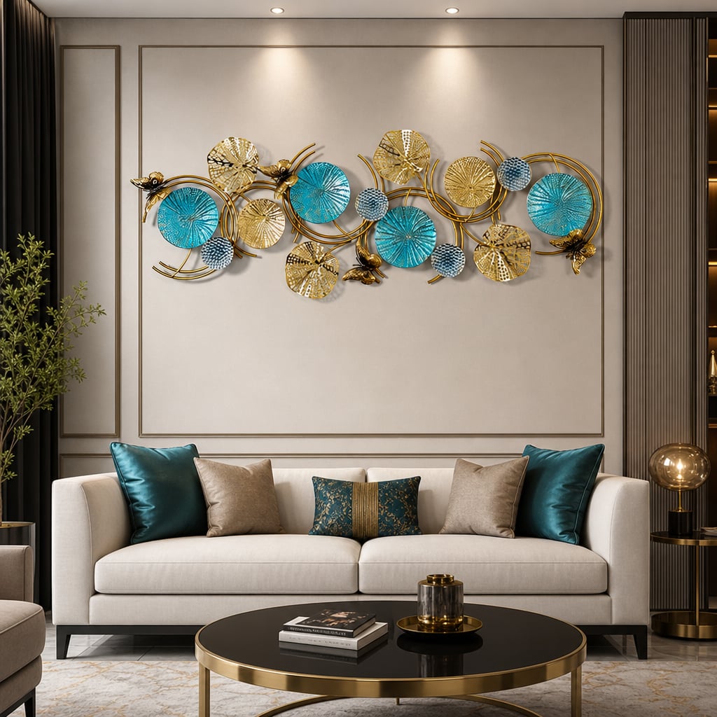 Decoratiune Metalica de Perete LuxCanva® Ocean Harmony A2136L, din Metal, Orizontala, Auriu, Turcoaz, Gri, Dimensiune Mare 157 x 57 cm