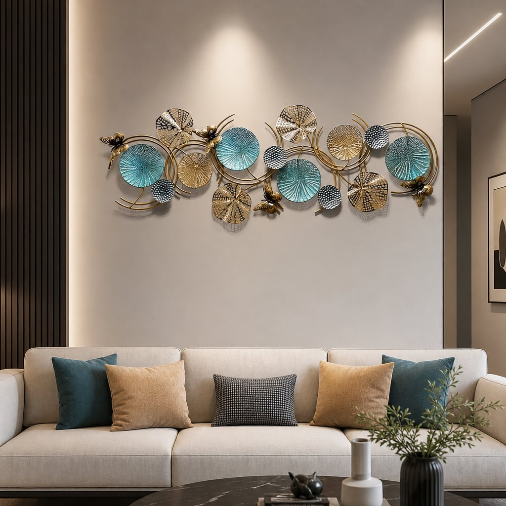Decoratiune Metalica de Perete LuxCanva® Ocean Harmony A2136L, din Metal, Orizontala, Auriu, Turcoaz, Gri, Dimensiune Mare 157 x 57 cm