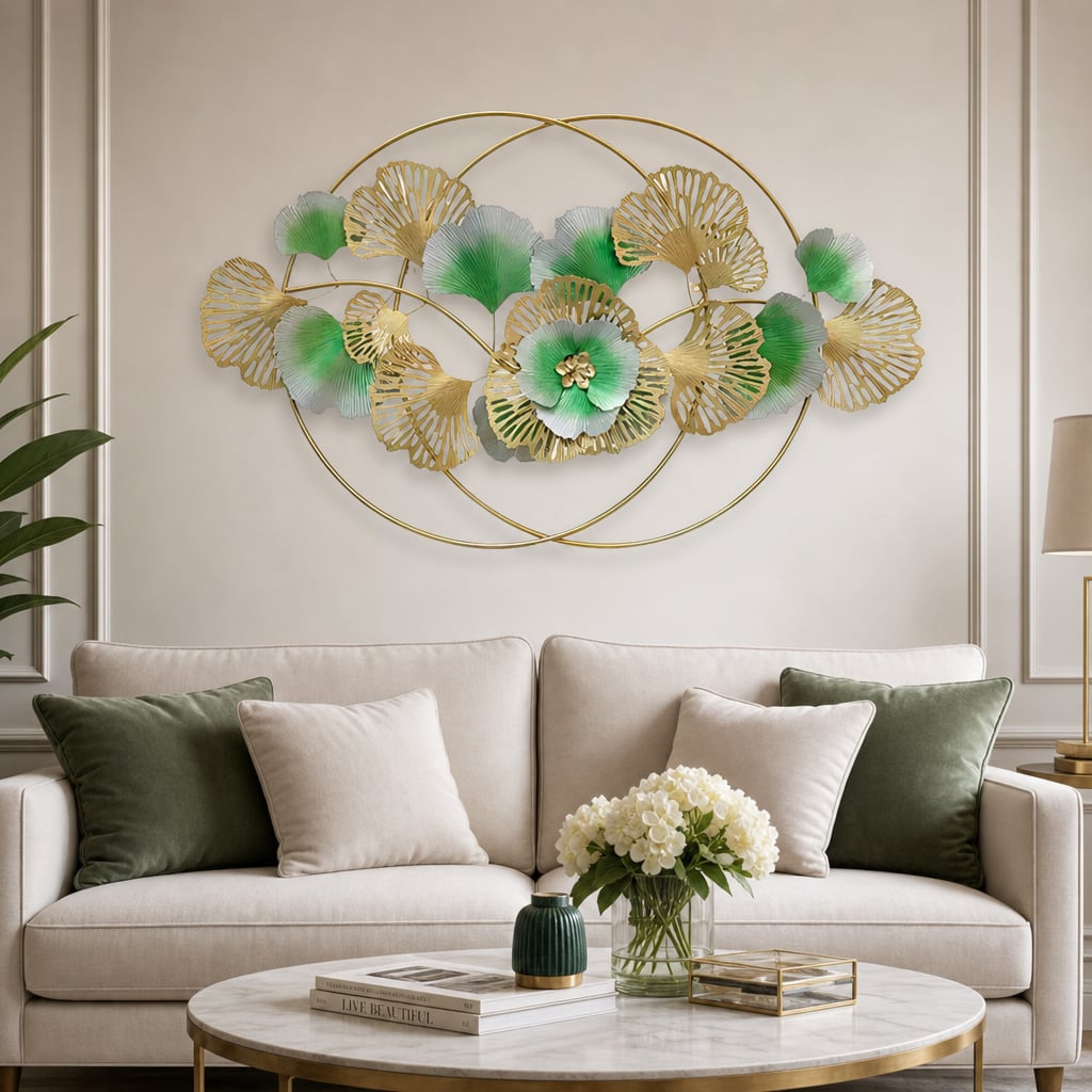 Decoratiune Metalica de Perete LuxCanva® Golden Bloom A0821, din Metal, Orizontala, Auriu, Verde, Gri, Dimensiune Mare 120 x 75 cm