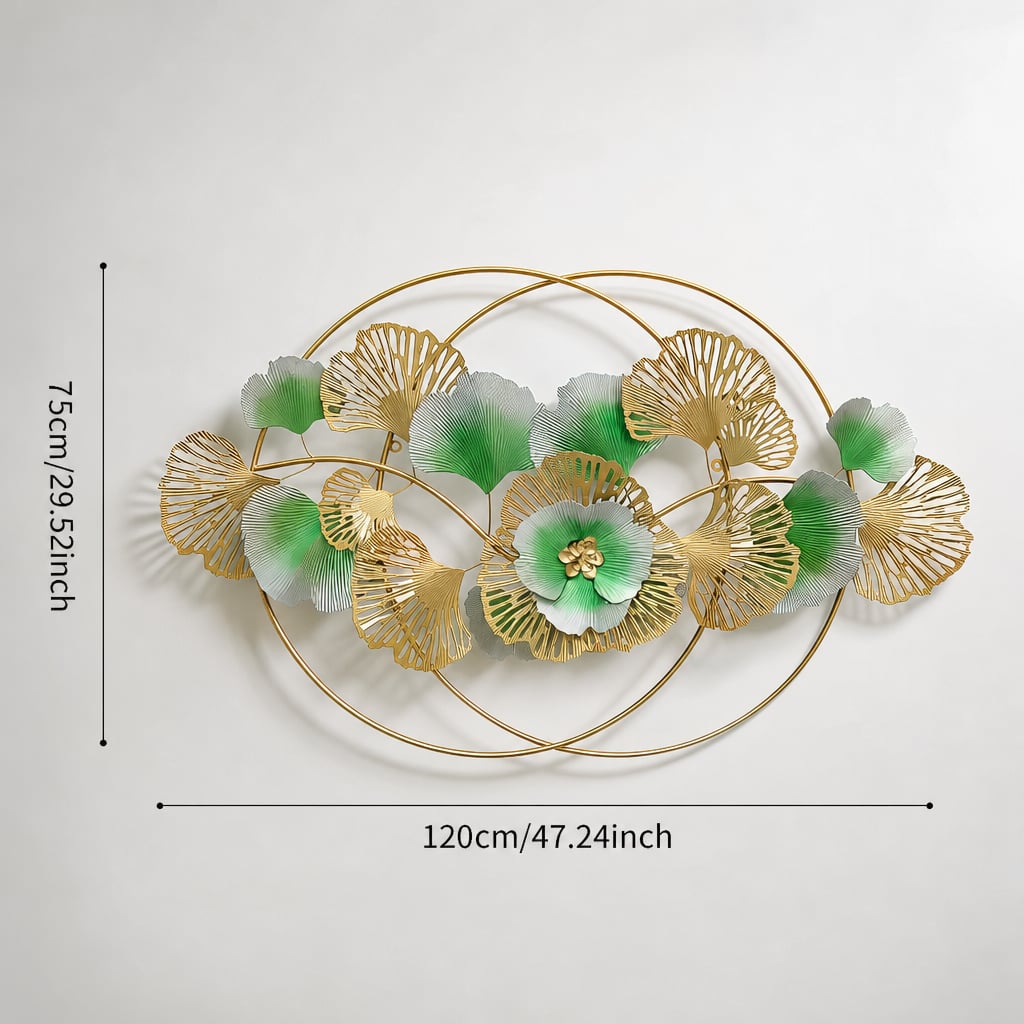 Decoratiune Metalica de Perete LuxCanva® Golden Bloom A0821, din Metal, Orizontala, Auriu, Verde, Gri, Dimensiune Mare 120 x 75 cm