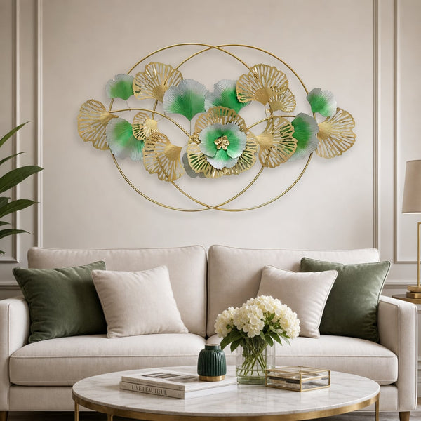 Metall Wanddekoration LuxCanva® Golden Bloom A0821, aus Metall, horizontal, Gold, Grün, Grau, Großformat 120 x 75 cm