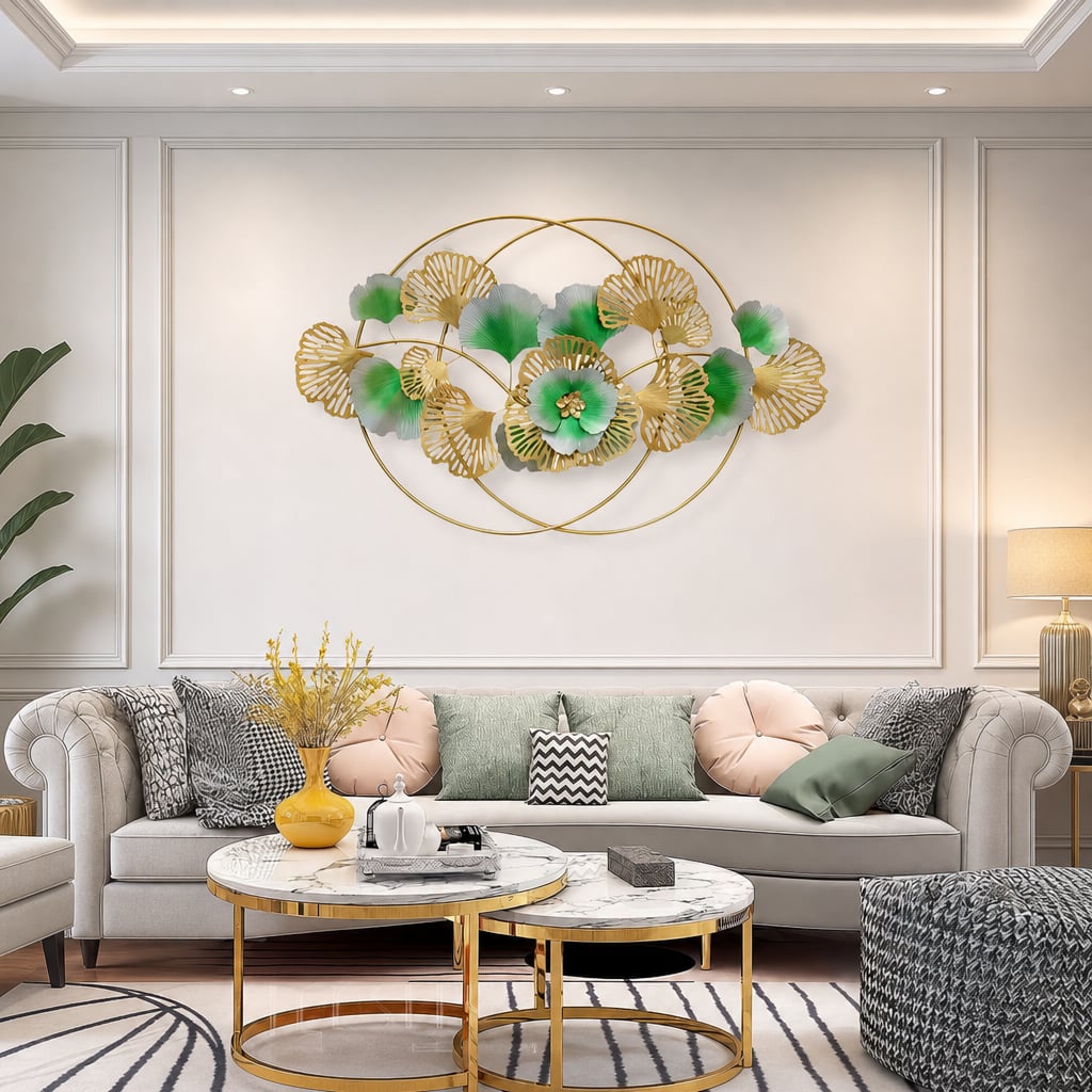 Decoratiune Metalica de Perete LuxCanva® Golden Bloom A0821, din Metal, Orizontala, Auriu, Verde, Gri, Dimensiune Mare 120 x 75 cm