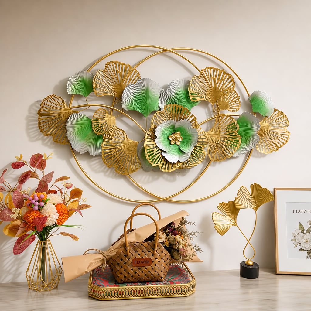 Decoratiune Metalica de Perete LuxCanva® Golden Bloom A0821, din Metal, Orizontala, Auriu, Verde, Gri, Dimensiune Mare 120 x 75 cm