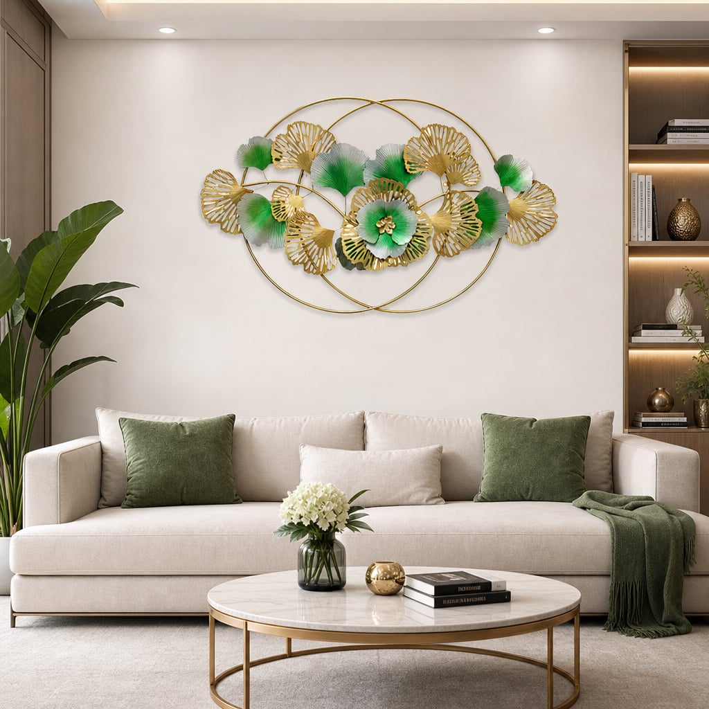 Decoratiune Metalica de Perete LuxCanva® Golden Bloom A0821, din Metal, Orizontala, Auriu, Verde, Gri, Dimensiune Mare 120 x 75 cm