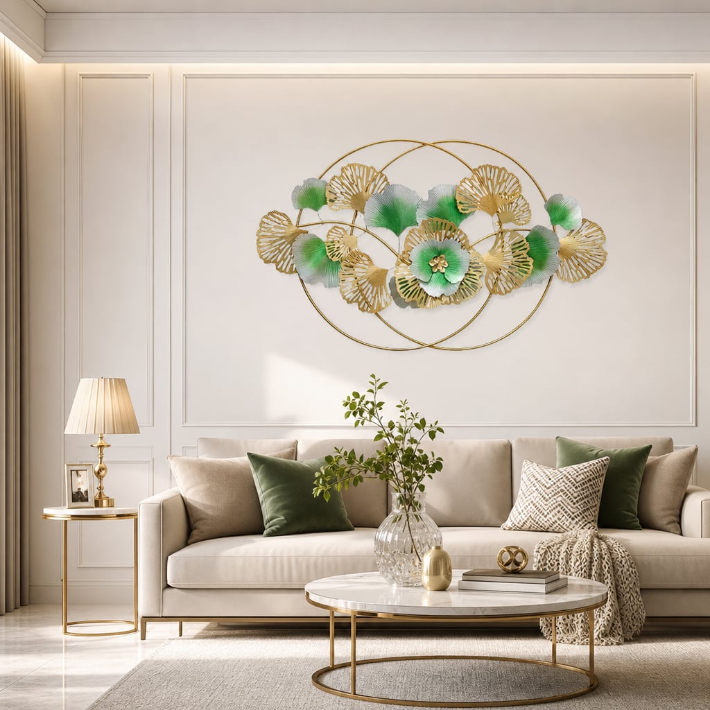 Decoratiune Metalica de Perete LuxCanva® Golden Bloom A0821, din Metal, Orizontala, Auriu, Verde, Gri, Dimensiune Mare 120 x 75 cm