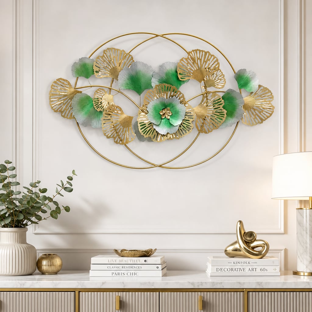 Decoratiune Metalica de Perete LuxCanva® Golden Bloom A0821, din Metal, Orizontala, Auriu, Verde, Gri, Dimensiune Mare 120 x 75 cm