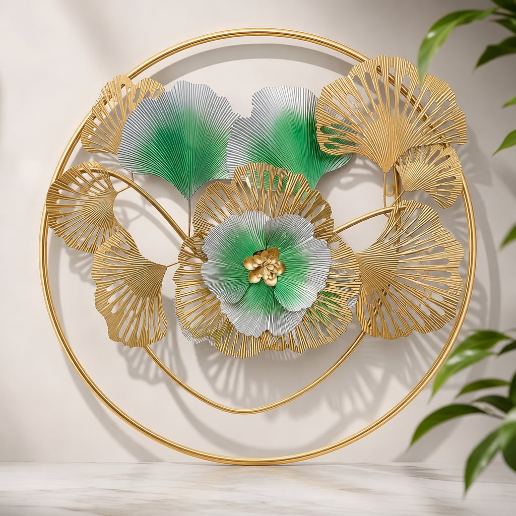 Decoratiune Metalica de Perete LuxCanva® Golden Bloom A0821, din Metal, Orizontala, Auriu, Verde, Gri, Dimensiune Mare 120 x 75 cm