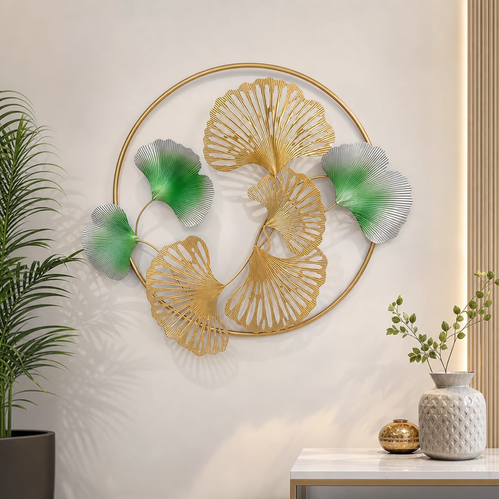 Decoratiune Metalica de Perete LuxCanva® Golden Bloom A0821, din Metal, Orizontala, Auriu, Verde, Gri, Dimensiune Mare 120 x 75 cm