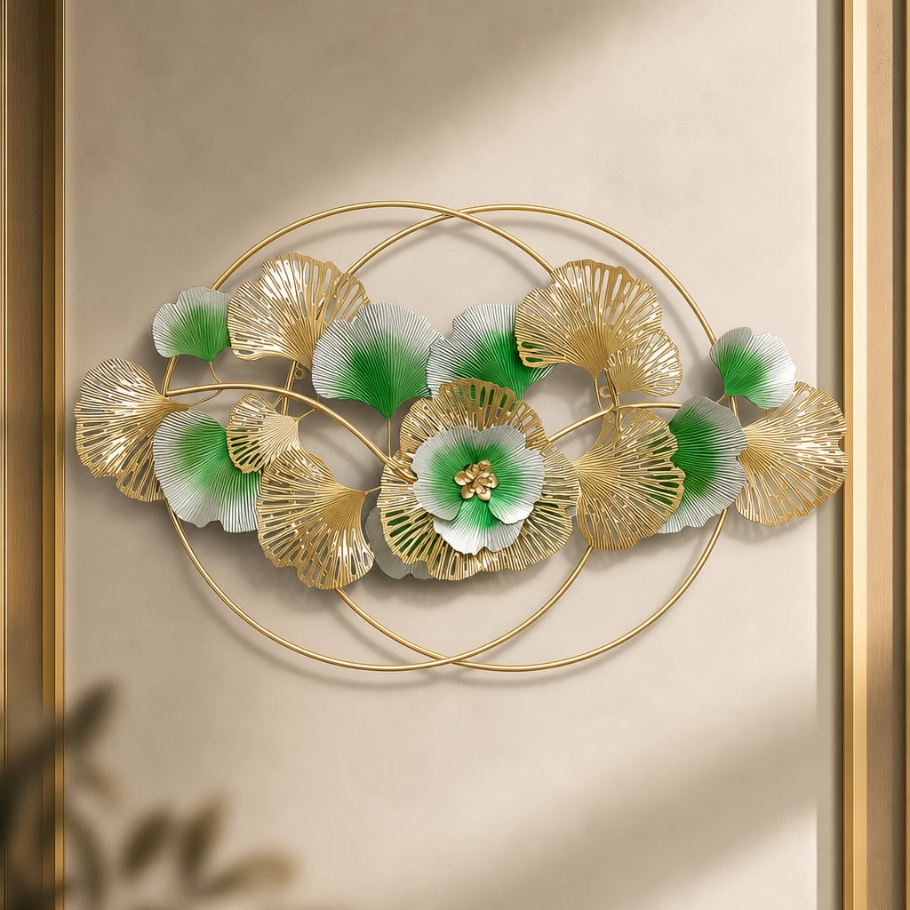 Decoratiune Metalica de Perete LuxCanva® Golden Bloom A0821, din Metal, Orizontala, Auriu, Verde, Gri, Dimensiune Mare 120 x 75 cm