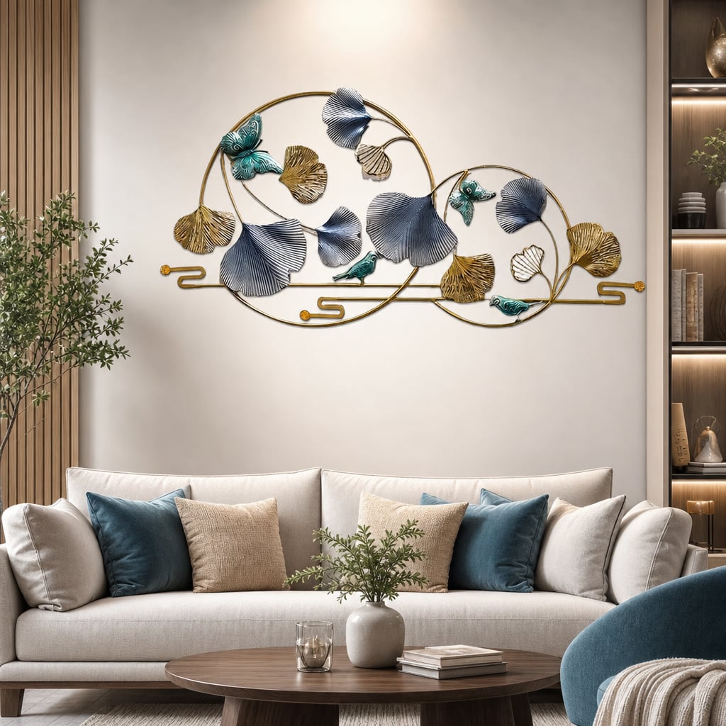 Decoratiune Metalica de Perete LuxCanva® BlueHaven A2035, din Metal, Orizontala, Albastru, Verde, Auriu, Dimensiune Mare 120 x 60 cm