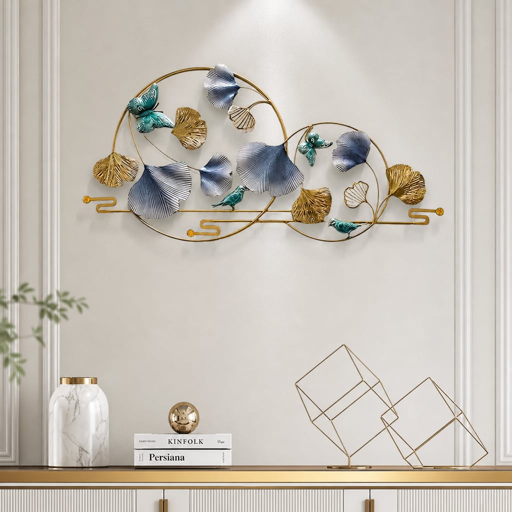 Decoratiune Metalica de Perete LuxCanva® BlueHaven A2035, din Metal, Orizontala, Albastru, Verde, Auriu, Dimensiune Mare 120 x 60 cm