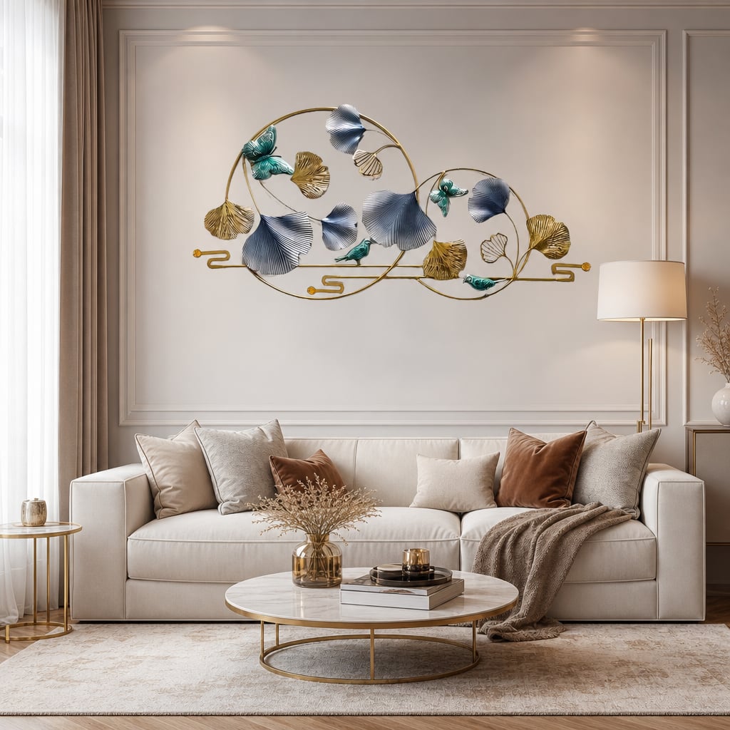 Decoratiune Metalica de Perete LuxCanva® BlueHaven A2035, din Metal, Orizontala, Albastru, Verde, Auriu, Dimensiune Mare 120 x 60 cm