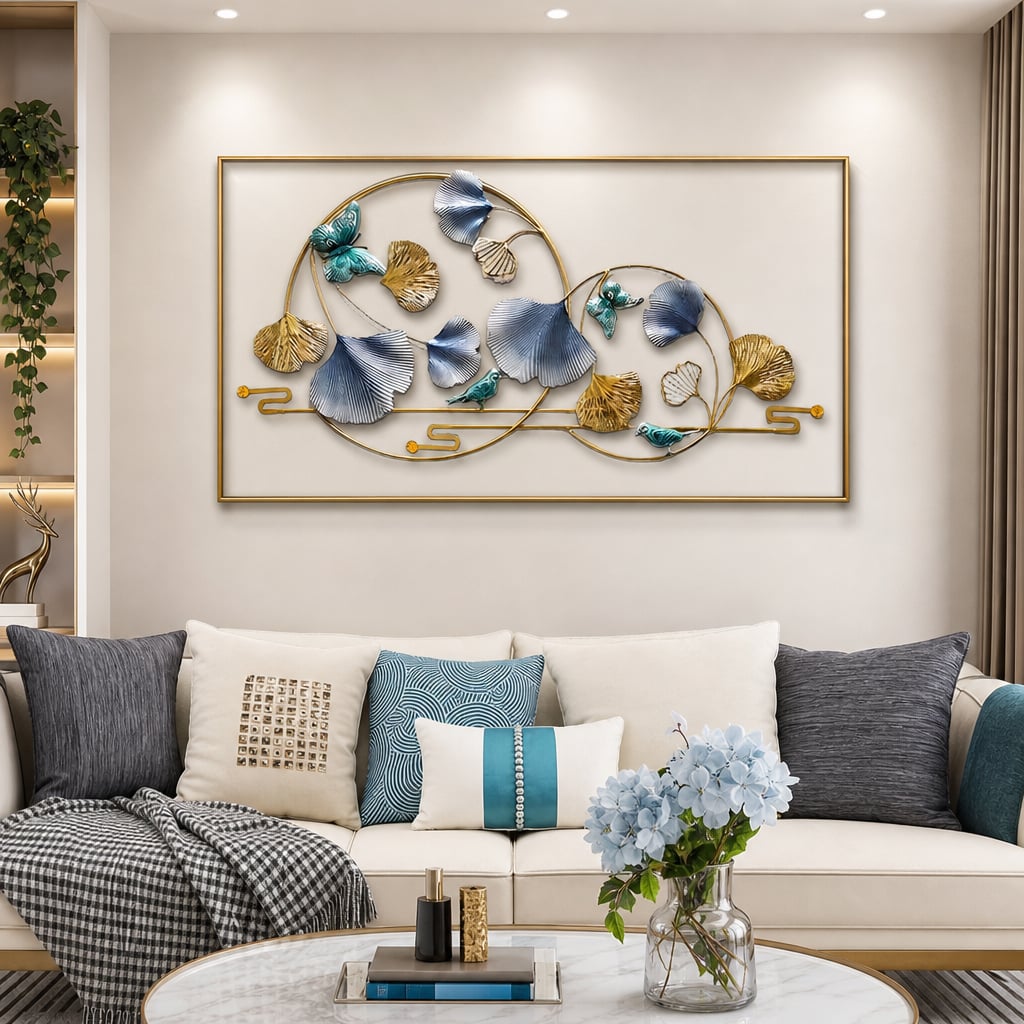 Decoratiune Metalica de Perete LuxCanva® BlueHaven A2035, din Metal, Orizontala, Albastru, Verde, Auriu, Dimensiune Mare 120 x 60 cm