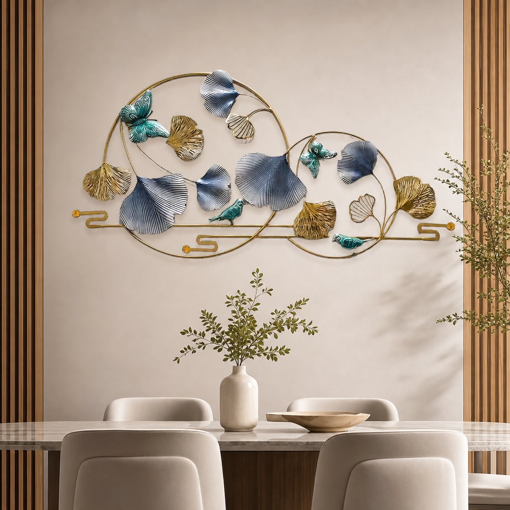 Decoratiune Metalica de Perete LuxCanva® BlueHaven A2035, din Metal, Orizontala, Albastru, Verde, Auriu, Dimensiune Mare 120 x 60 cm