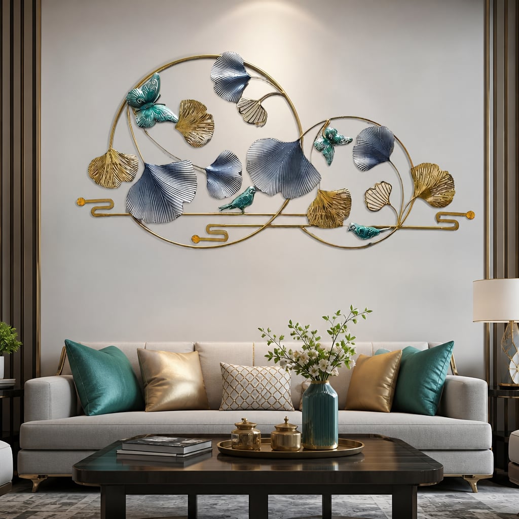 Decoratiune Metalica de Perete LuxCanva® BlueHaven A2035, din Metal, Orizontala, Albastru, Verde, Auriu, Dimensiune Mare 120 x 60 cm