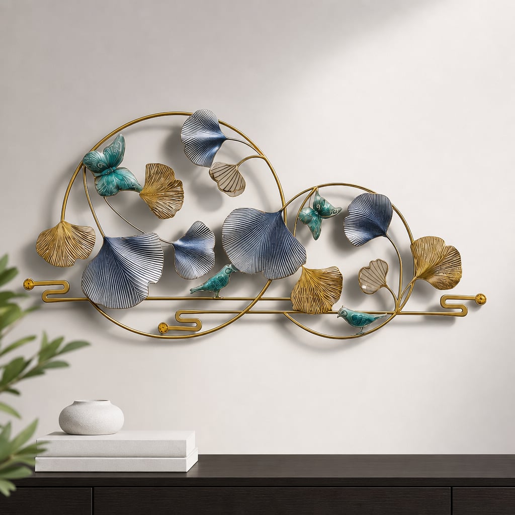Decoratiune Metalica de Perete LuxCanva® BlueHaven A2035, din Metal, Orizontala, Albastru, Verde, Auriu, Dimensiune Mare 120 x 60 cm