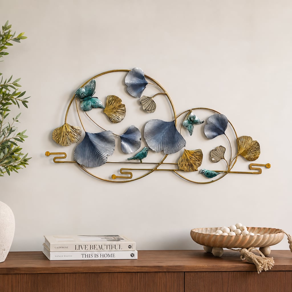 Decoratiune Metalica de Perete LuxCanva® BlueHaven A2035, din Metal, Orizontala, Albastru, Verde, Auriu, Dimensiune Mare 120 x 60 cm