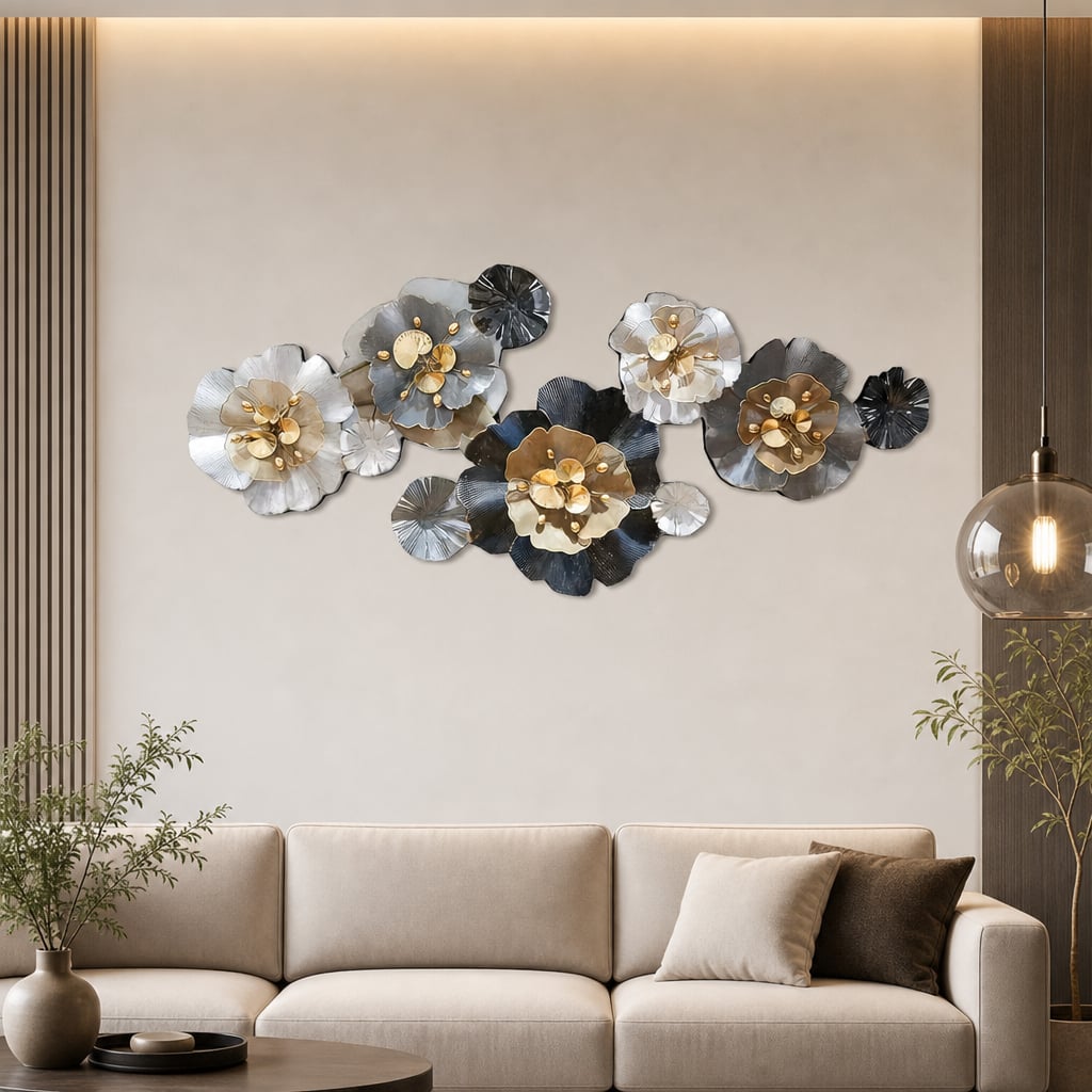 Decoratiune Metalica de Perete LuxCanva® CrystalBloom A2025M Negru, din Metal, Orizontala, Auriu, Alb, Gri, Negru, Dimensiune Mare 160 x 64 cm