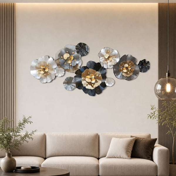 Metall Wanddekoration LuxCanva® CrystalBloom A2025M Schwarz, aus Metall, Horizontal, Gold, Weiß, Grau, Schwarz, Großformat 160 x 64 cm