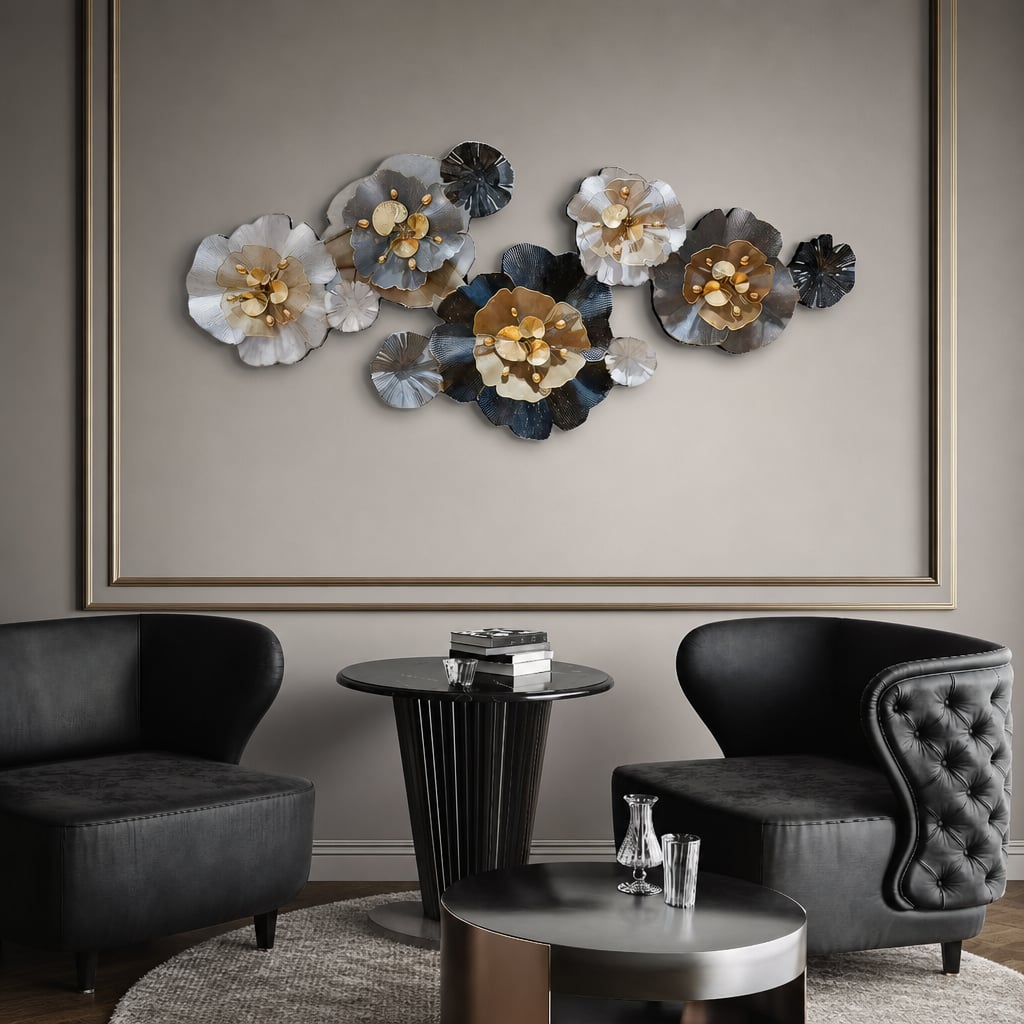 Decoratiune Metalica de Perete LuxCanva® CrystalBloom A2025M Negru, din Metal, Orizontala, Auriu, Alb, Gri, Negru, Dimensiune Mare 160 x 64 cm
