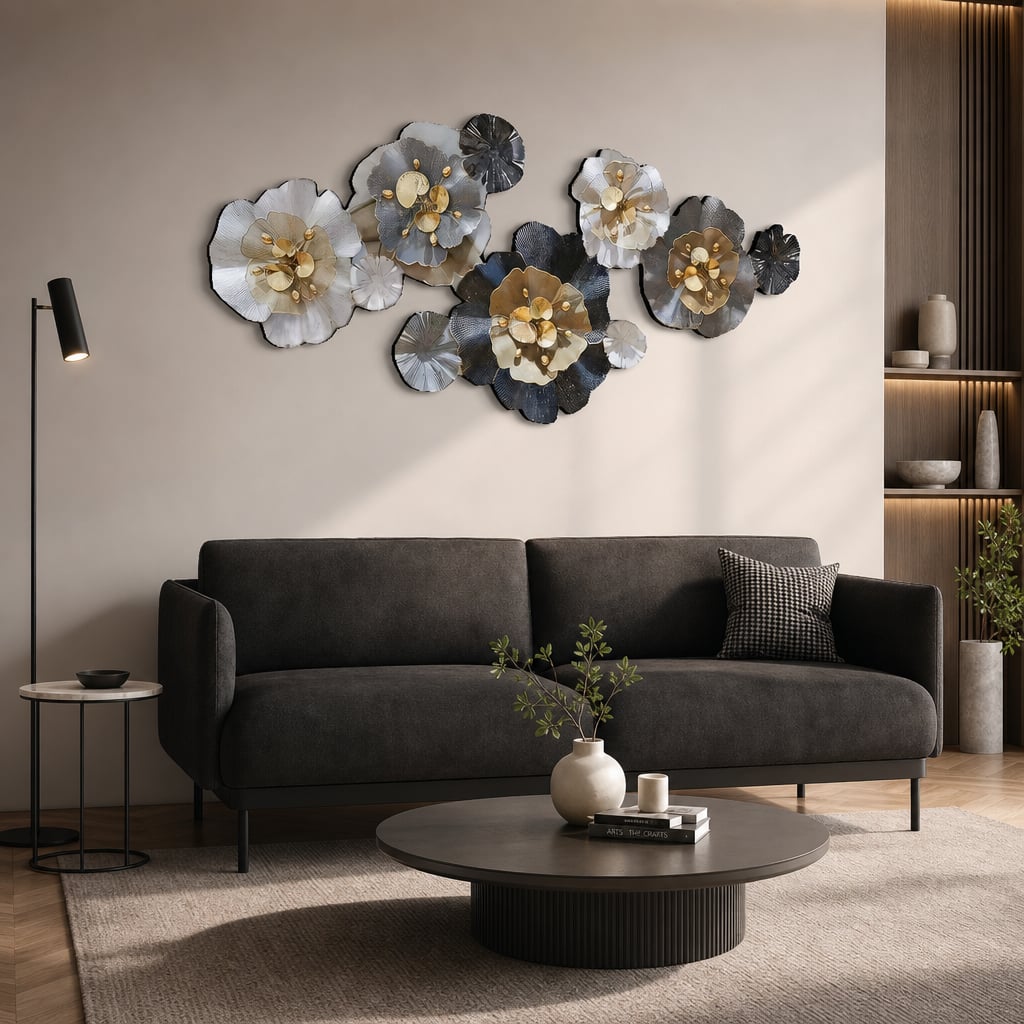 Decoratiune Metalica de Perete LuxCanva® CrystalBloom A2025M Negru, din Metal, Orizontala, Auriu, Alb, Gri, Negru, Dimensiune Mare 160 x 64 cm