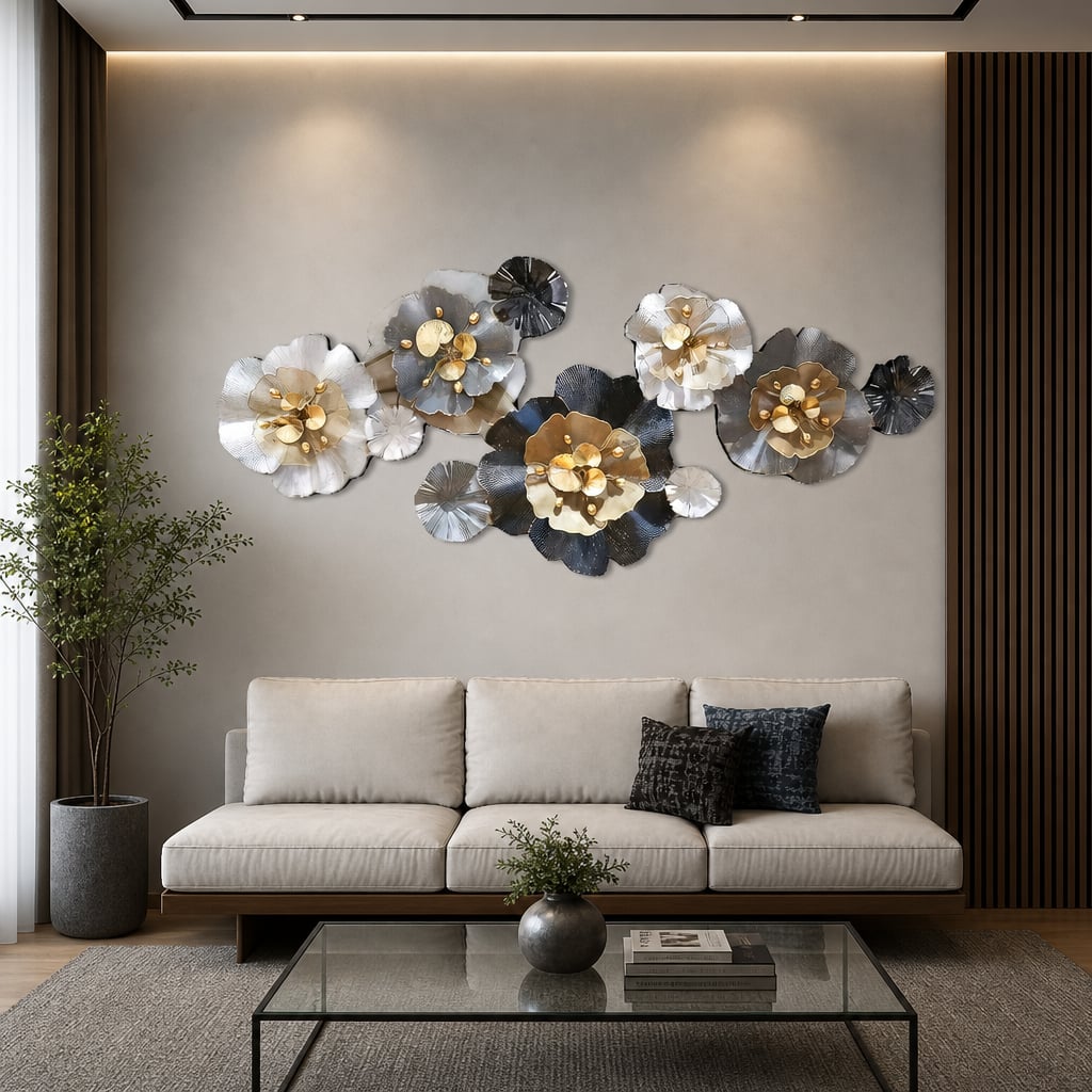 Decoratiune Metalica de Perete LuxCanva® CrystalBloom A2025M Negru, din Metal, Orizontala, Auriu, Alb, Gri, Negru, Dimensiune Mare 160 x 64 cm