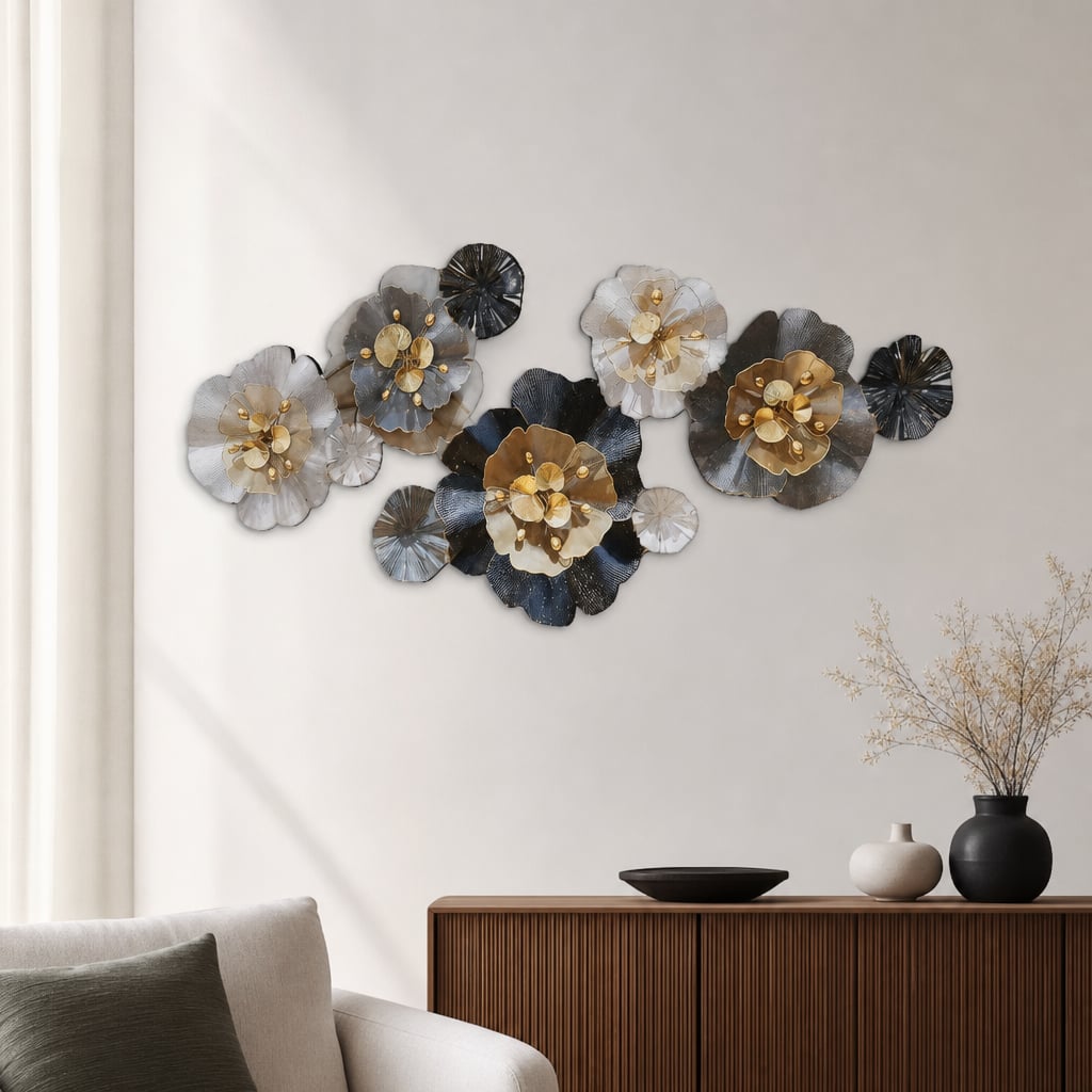 Decoratiune Metalica de Perete LuxCanva® CrystalBloom A2025M Negru, din Metal, Orizontala, Auriu, Alb, Gri, Negru, Dimensiune Mare 160 x 64 cm