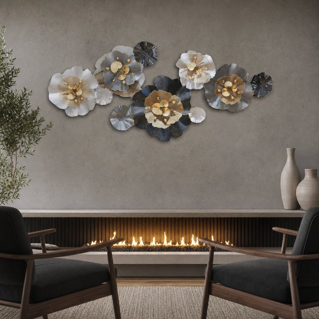 Decoratiune Metalica de Perete LuxCanva® CrystalBloom A2025M Negru, din Metal, Orizontala, Auriu, Alb, Gri, Negru, Dimensiune Mare 160 x 64 cm