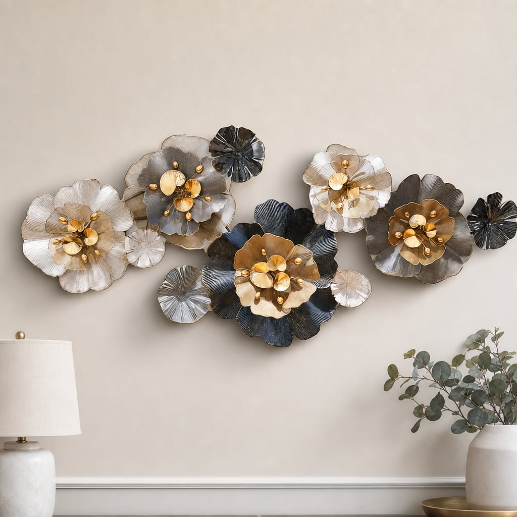Decoratiune Metalica de Perete LuxCanva® CrystalBloom A2025M Negru, din Metal, Orizontala, Auriu, Alb, Gri, Negru, Dimensiune Mare 160 x 64 cm