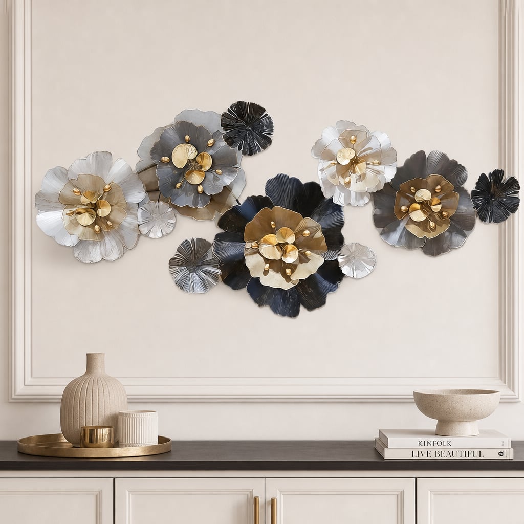 Decoratiune Metalica de Perete LuxCanva® CrystalBloom A2025M Negru, din Metal, Orizontala, Auriu, Alb, Gri, Negru, Dimensiune Mare 160 x 64 cm