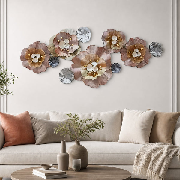 Metall Wanddekoration LuxCanva® CrystalBloom A2025M Rosa, aus Metall, Horizontal, Rosa, Gold, Grau, Großformat 160 x 64 cm