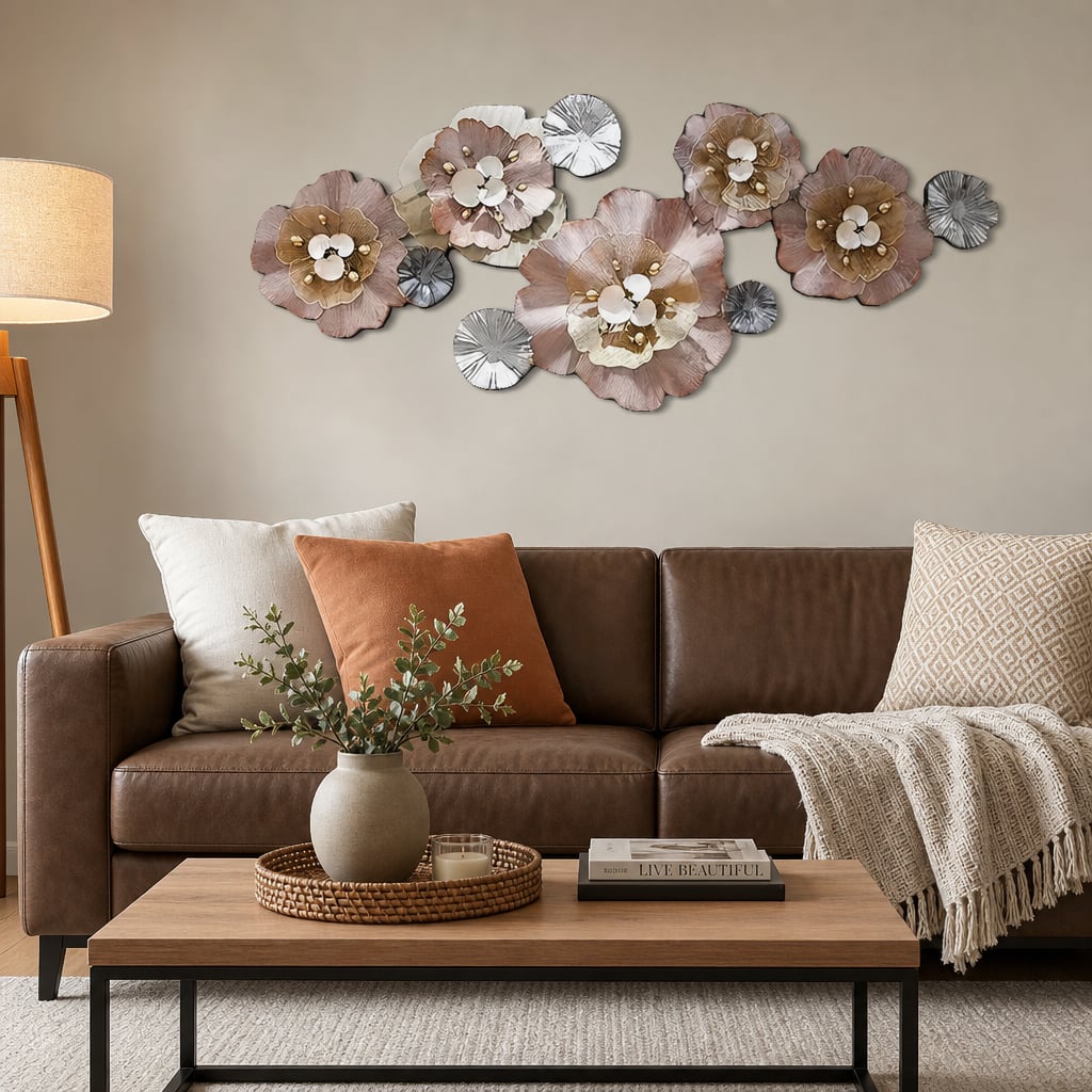 Decoratiune Metalica de Perete LuxCanva® CrystalBloom A2025M Roz, din Metal, Orizontala, Roz, Auriu, Gri, Dimensiune Mare 160 x 64 cm