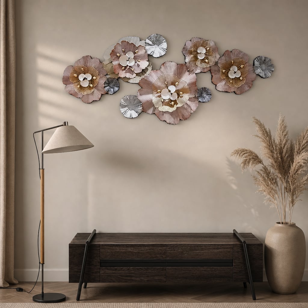 Decoratiune Metalica de Perete LuxCanva® CrystalBloom A2025M Roz, din Metal, Orizontala, Roz, Auriu, Gri, Dimensiune Mare 160 x 64 cm