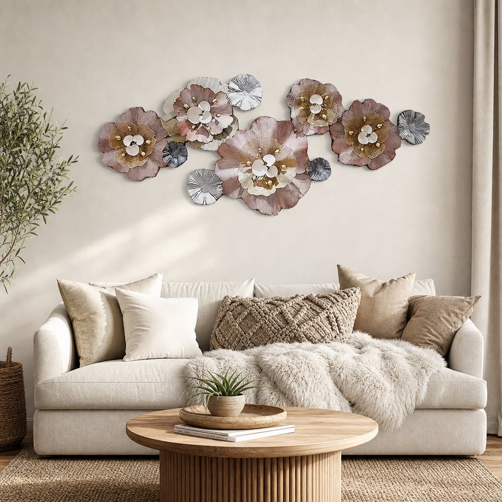 Decoratiune Metalica de Perete LuxCanva® CrystalBloom A2025M Roz, din Metal, Orizontala, Roz, Auriu, Gri, Dimensiune Mare 160 x 64 cm