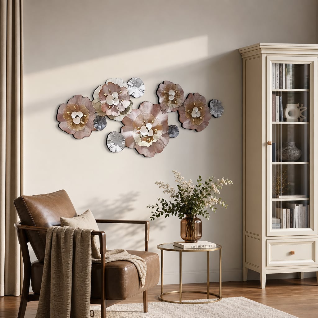 Decoratiune Metalica de Perete LuxCanva® CrystalBloom A2025M Roz, din Metal, Orizontala, Roz, Auriu, Gri, Dimensiune Mare 160 x 64 cm
