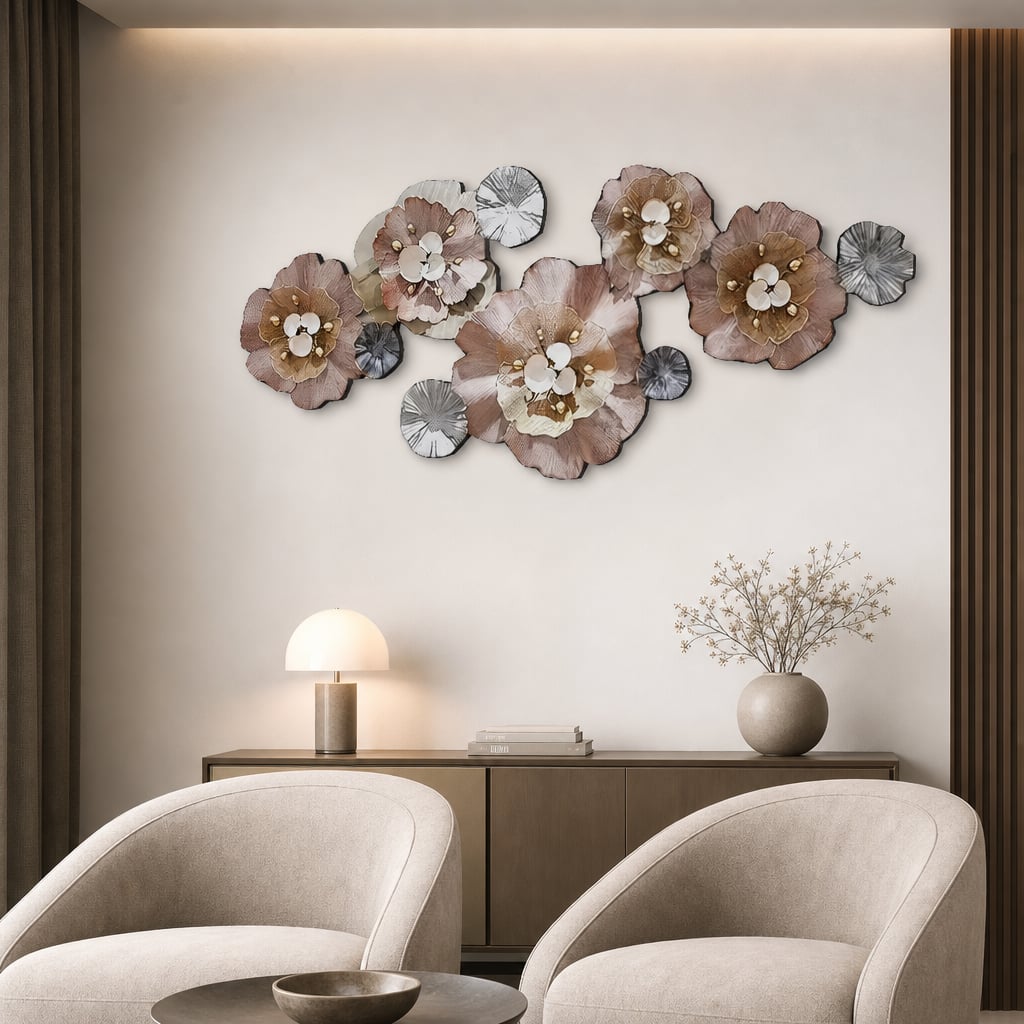 Decoratiune Metalica de Perete LuxCanva® CrystalBloom A2025M Roz, din Metal, Orizontala, Roz, Auriu, Gri, Dimensiune Mare 160 x 64 cm
