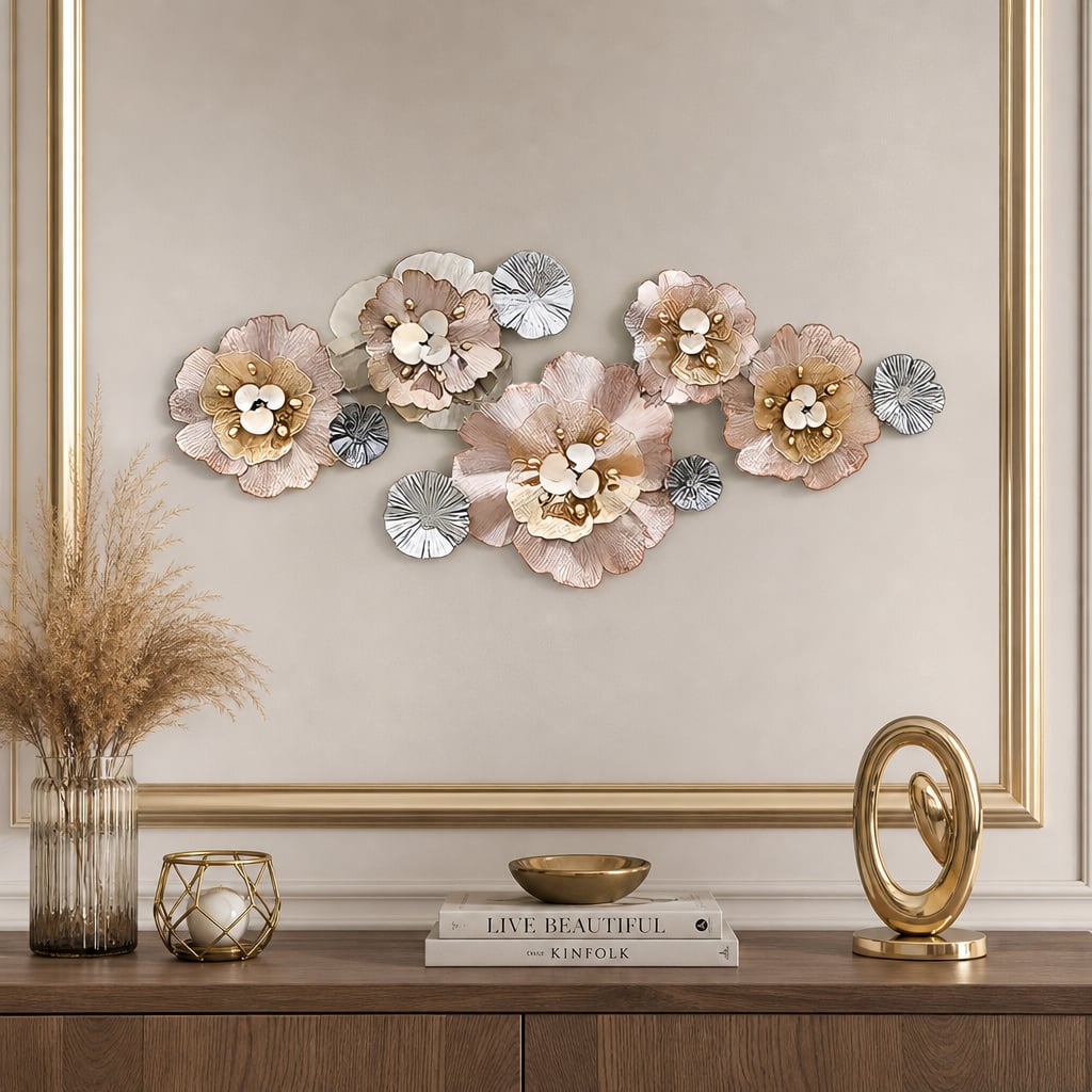 Decoratiune Metalica de Perete LuxCanva® CrystalBloom A2025M Roz, din Metal, Orizontala, Roz, Auriu, Gri, Dimensiune Mare 160 x 64 cm