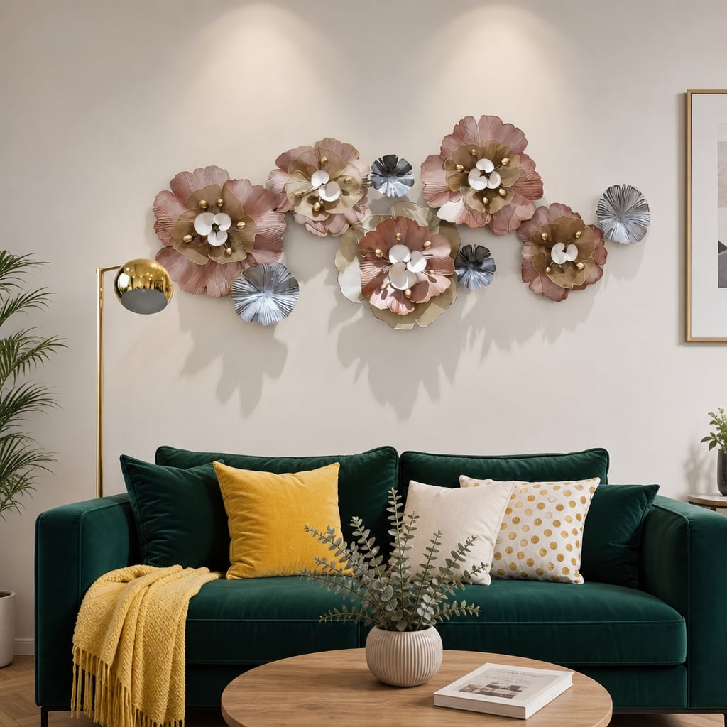 Decoratiune Metalica de Perete LuxCanva® CrystalBloom A2025M Roz, din Metal, Orizontala, Roz, Auriu, Gri, Dimensiune Mare 160 x 64 cm