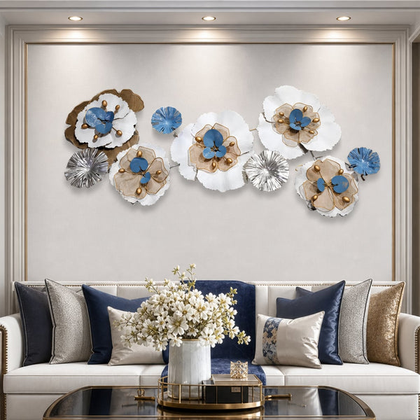 Metall Wanddekoration LuxCanva® CrystalBloom A2025M Weiß, Metall, Horizontal, Gold, Weiß, Grau, Groß 160 x 64 cm