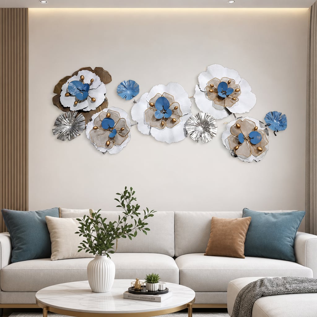 Decoratiune Metalica de Perete LuxCanva® CrystalBloom A2025M Alb, din Metal, Orizontala, Auriu, Alb, Gri, Dimensiune Mare 160 x 64 cm