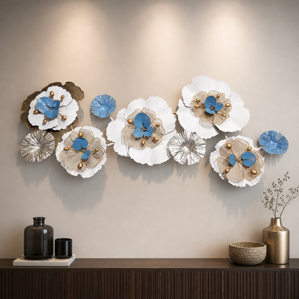 Decoratiune Metalica de Perete LuxCanva® CrystalBloom A2025M Alb, din Metal, Orizontala, Auriu, Alb, Gri, Dimensiune Mare 160 x 64 cm