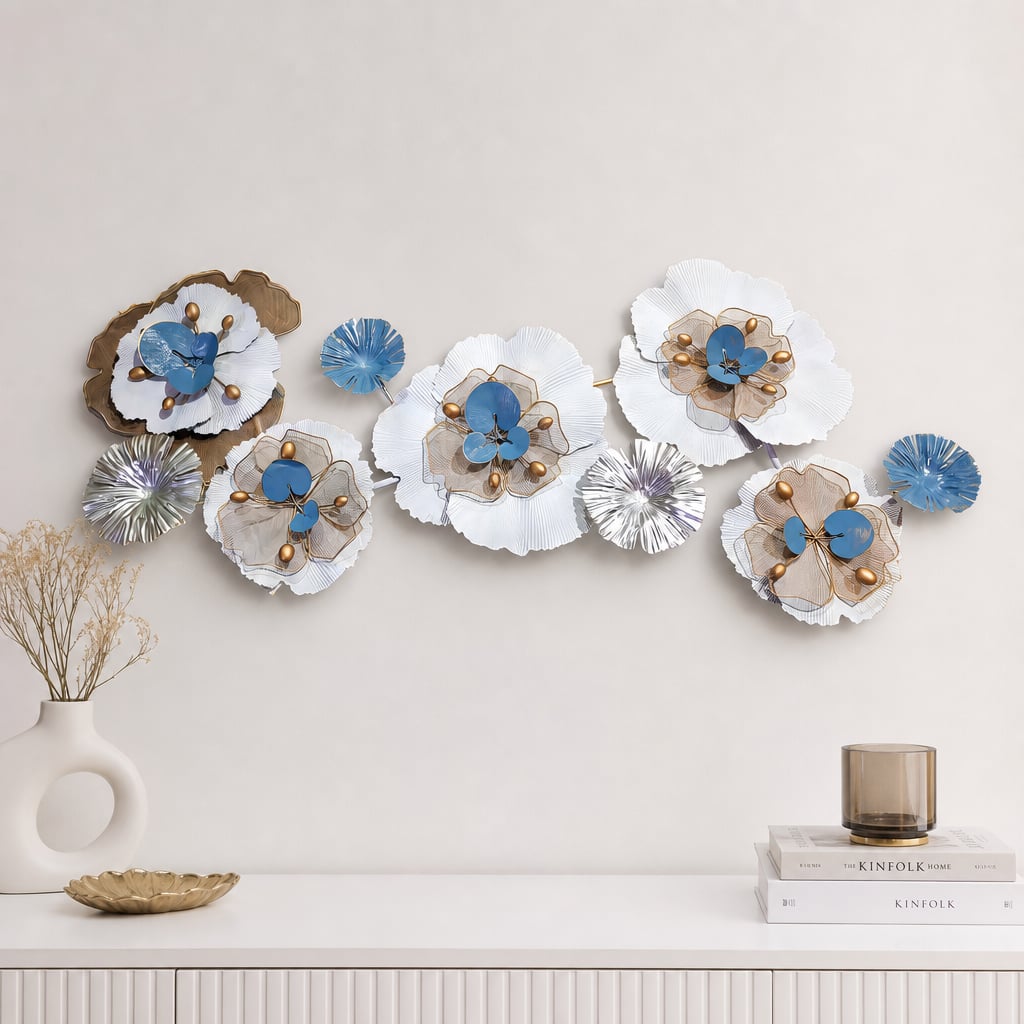 Decoratiune Metalica de Perete LuxCanva® CrystalBloom A2025M Alb, din Metal, Orizontala, Auriu, Alb, Gri, Dimensiune Mare 160 x 64 cm