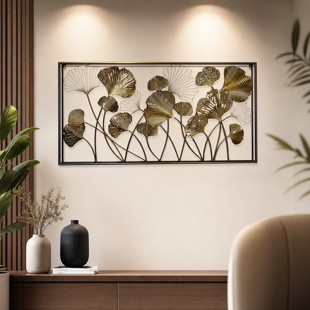 Decoratiune Metalica de Perete LuxCanva® GinkgoAura A0823, din Metal, Orizontala, Auriu, Dimensiune Mare 125 x 60 cm