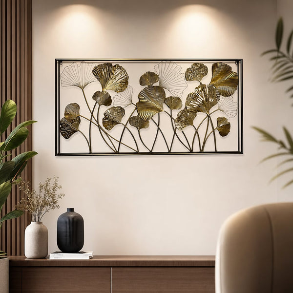 Metall Wanddekoration LuxCanva® GinkgoAura A0823, aus Metall, horizontal, Gold, Großformat 125 x 60 cm